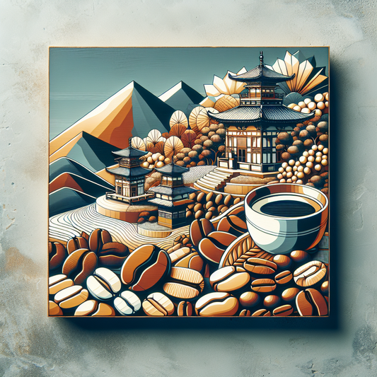 Une composition colorée montrant une variété de grains de café de haute qualité, accompagnée de détails minutieux pour illustrer les différents critères à prendre en compte pour reconnaître un café d'exception.