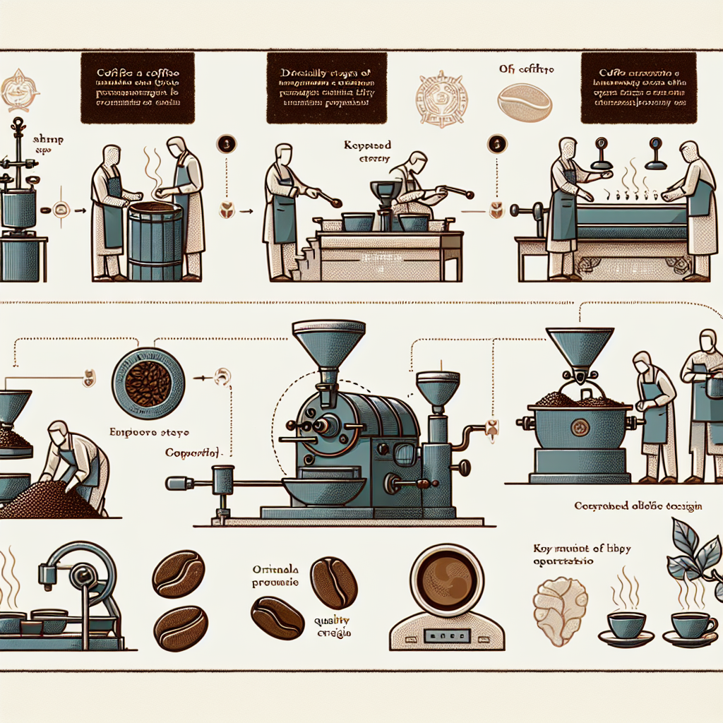 Une illustration détaillée montrant les différentes étapes du processus de torréfaction du café avec des descriptions des critères de qualité clés.