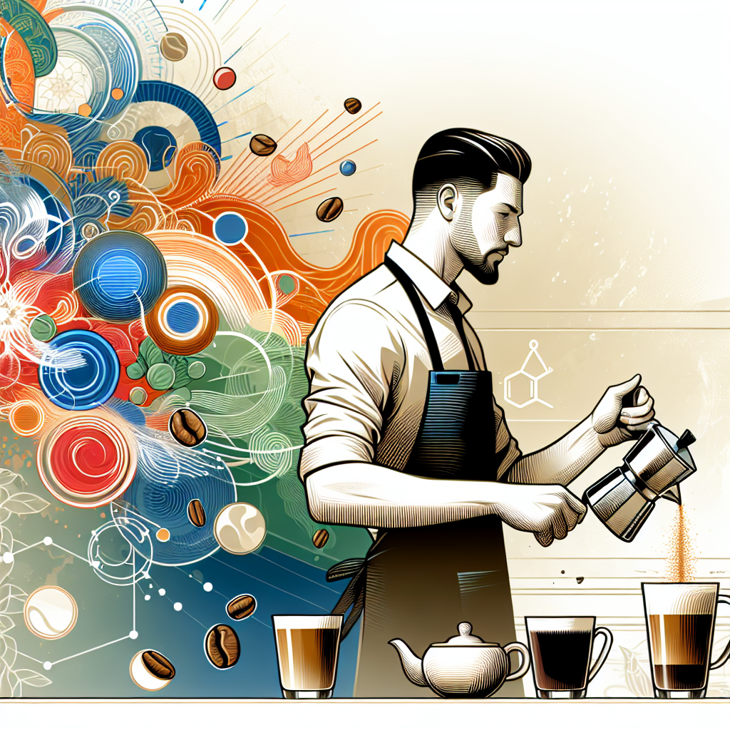 Une illustration dynamique et colorée représentant un barista passionné préparant différents types de café avec des éléments de caféine en arrière-plan pour symboliser l'art et la science du café.