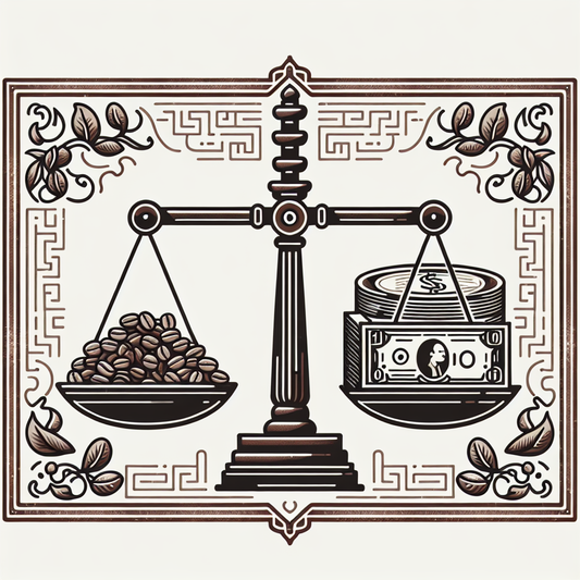 Une illustration montrant une balance avec des grains de café d'un côté et de l'argent de l'autre, illustrant le coût réel des machines Nespresso pour préparer du café.