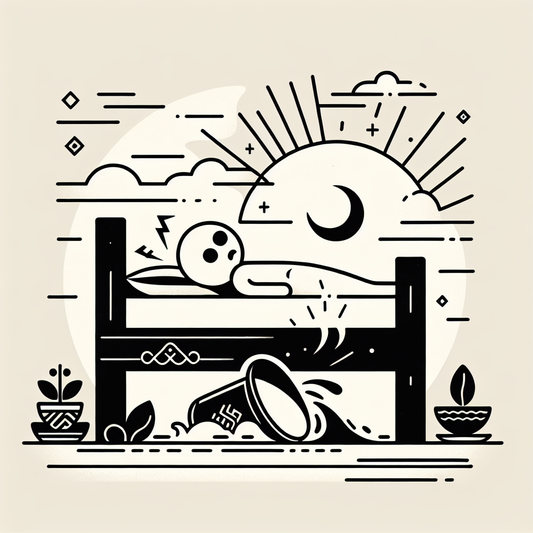 Une illustration de quelqu'un allongé dans son lit, les yeux grands ouverts, avec une tasse de café renversée à côté de lui, symbolisant les troubles du sommeil causés par la consommation de café tardive.