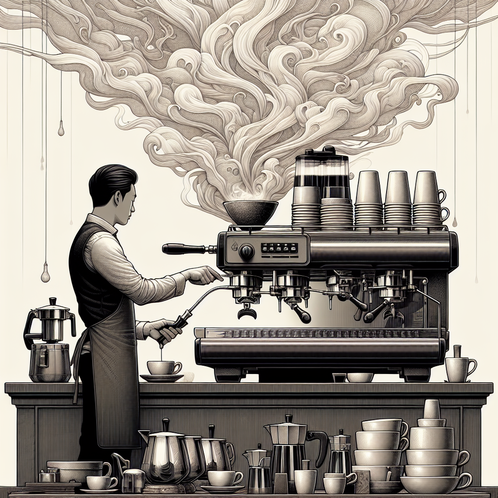 Une illustration détaillée d'un barista expert réglant minutieusement une machine à expresso, entouré de tasses fumantes et d'équipement de café de pointe.