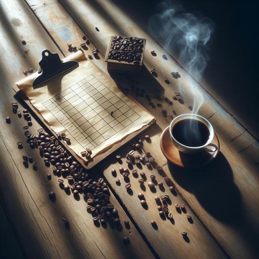 Illustration of a rustic wooden table inhabited by scattered coffee beans, a steaming cup, and a filled in score sheet. The soft lighting casts poetic shadows, creating an atmosphere of relaxed and thoughtful tasting.