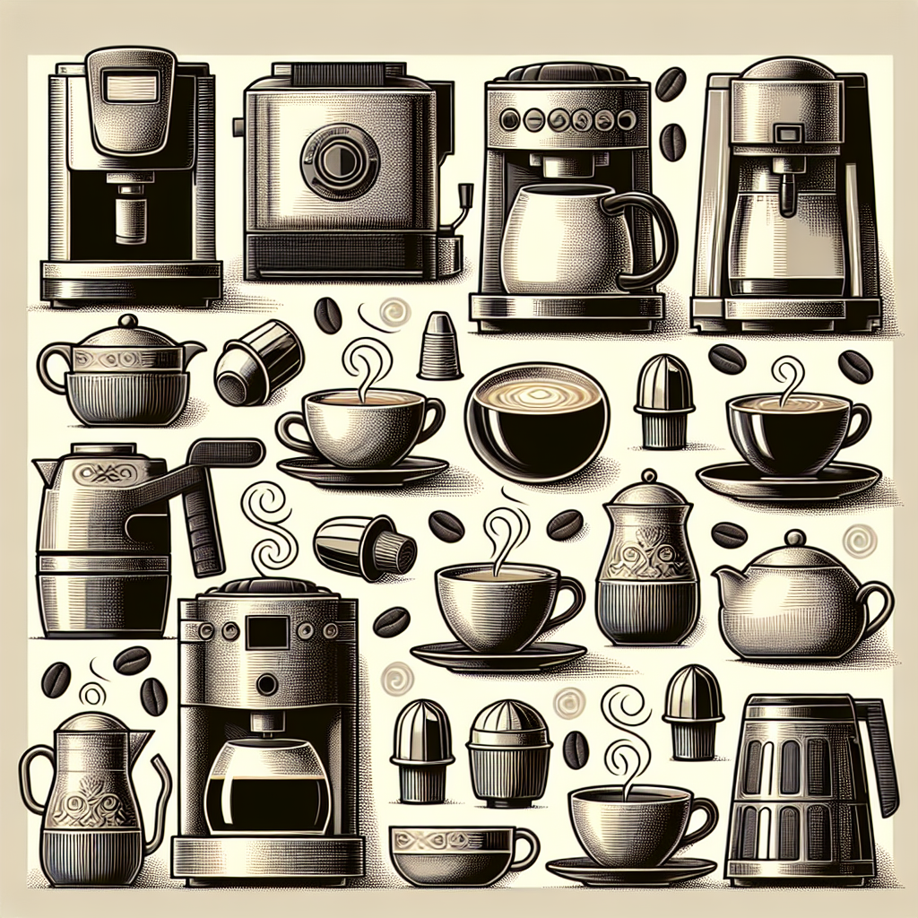 Une illustration détaillée mettant en scène une variété de machines à café, capsules Nespresso et tasses fumantes pour représenter le monde diversifié du café.