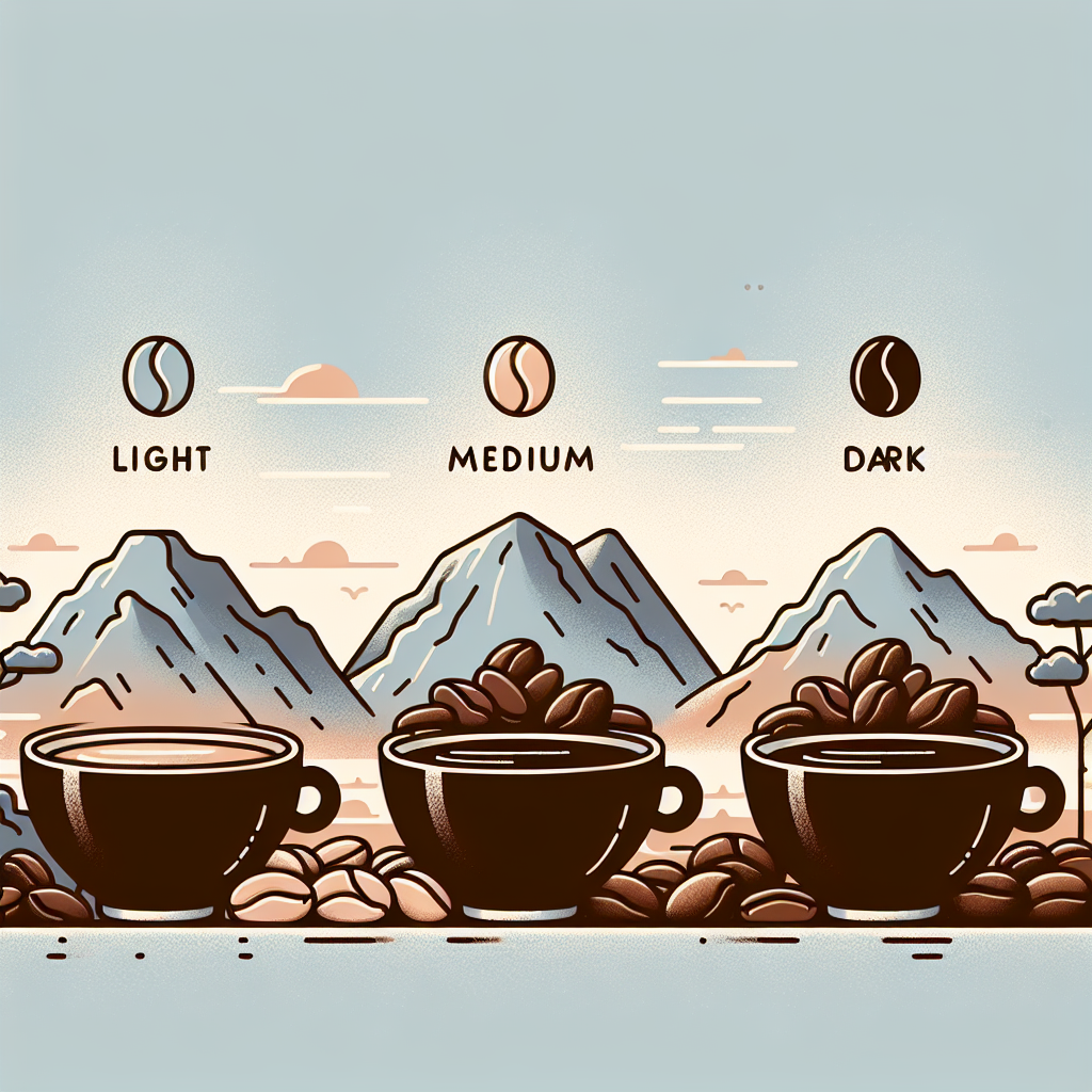 Une illustration montrant trois tasses de café aux torréfactions légère, moyenne et foncée, chacune accompagnée de grains de café correspondants, pour illustrer les différentes types de torréfaction de café.