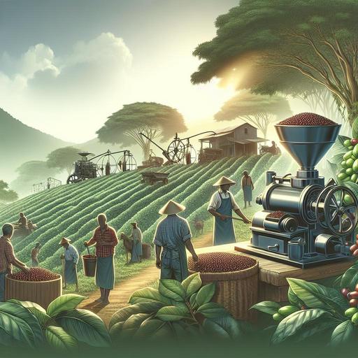 An illustration of a verdant coffee plantation illuminated by soft morning light, with farmers of va
