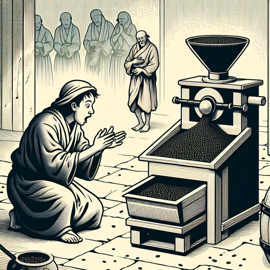Une illustration détaillée montrant un novice émerveillé en train de faire griller des grains de café fraîchement torréfiés dans une vieille machine artisanale.